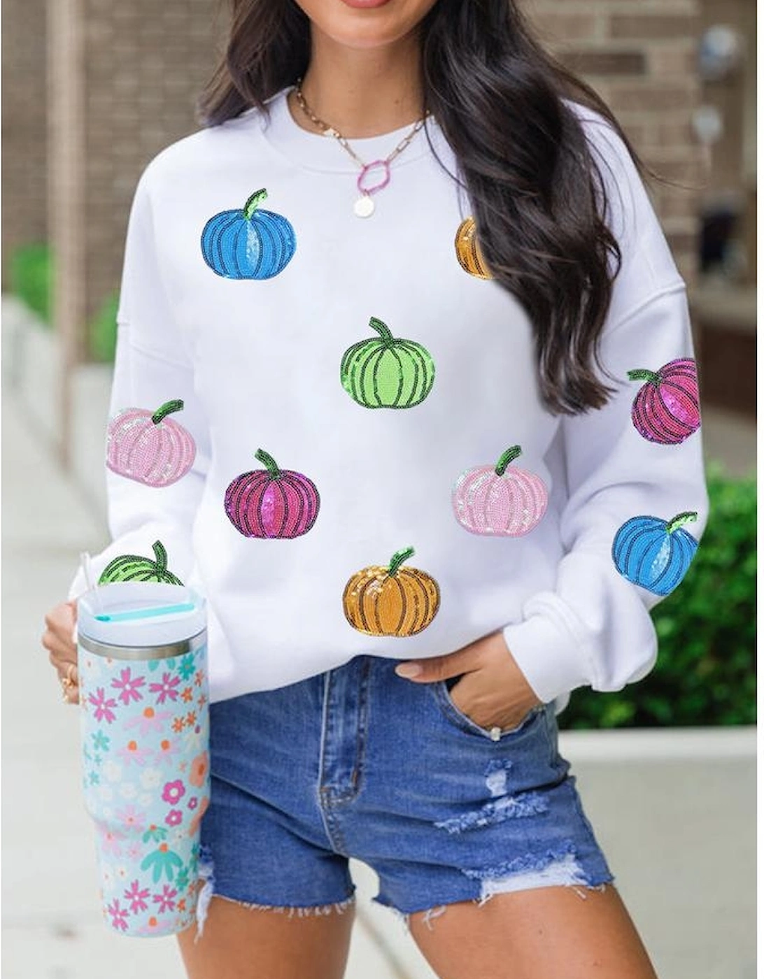 White Colorful Pumpkin Sequin Patched Drop Shoulder Sweatshirt