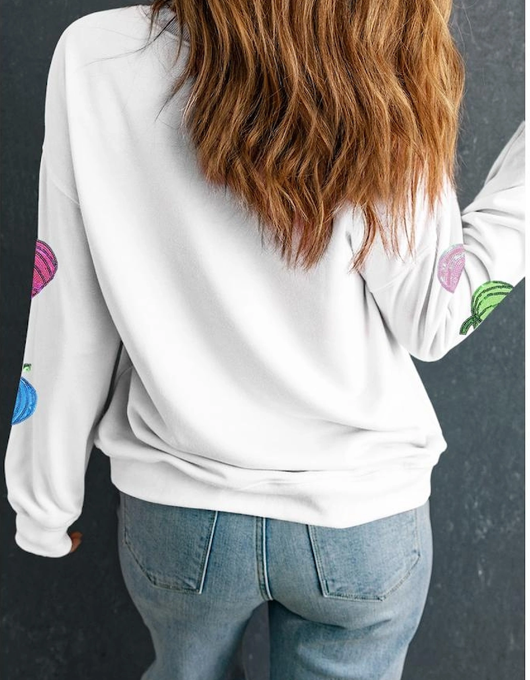 White Colorful Pumpkin Sequin Patched Drop Shoulder Sweatshirt
