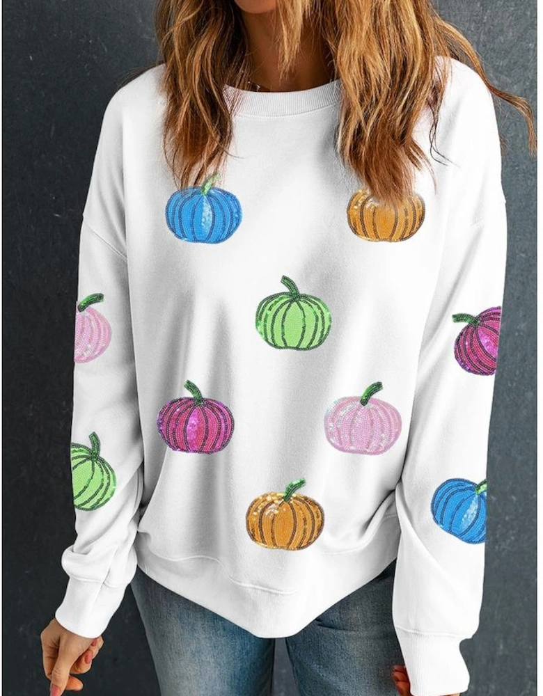 White Colorful Pumpkin Sequin Patched Drop Shoulder Sweatshirt