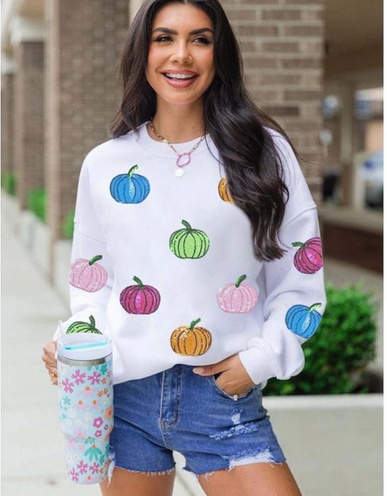 White Colorful Pumpkin Sequin Patched Drop Shoulder Sweatshirt