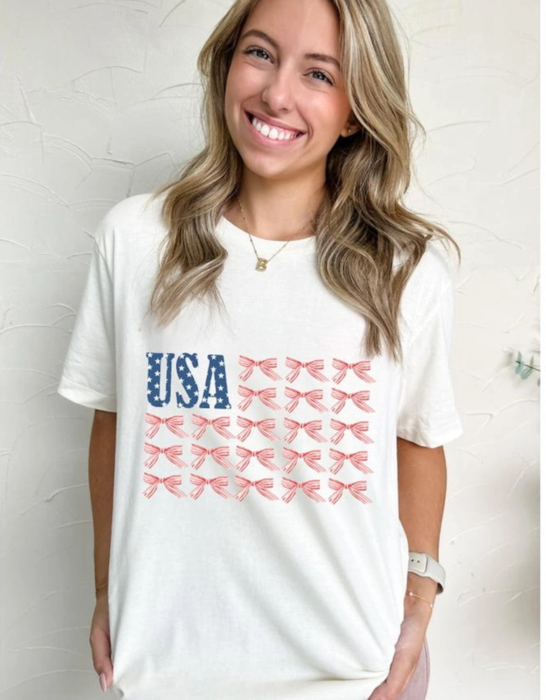 White USA Flag Bow Knot Print Round Neck T Shirt