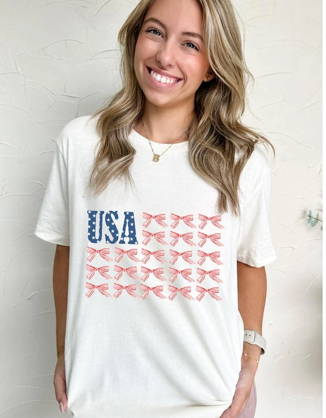 White USA Flag Bow Knot Print Round Neck T Shirt