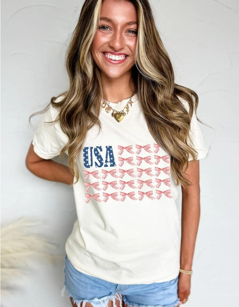White USA Flag Bow Knot Print Round Neck T Shirt