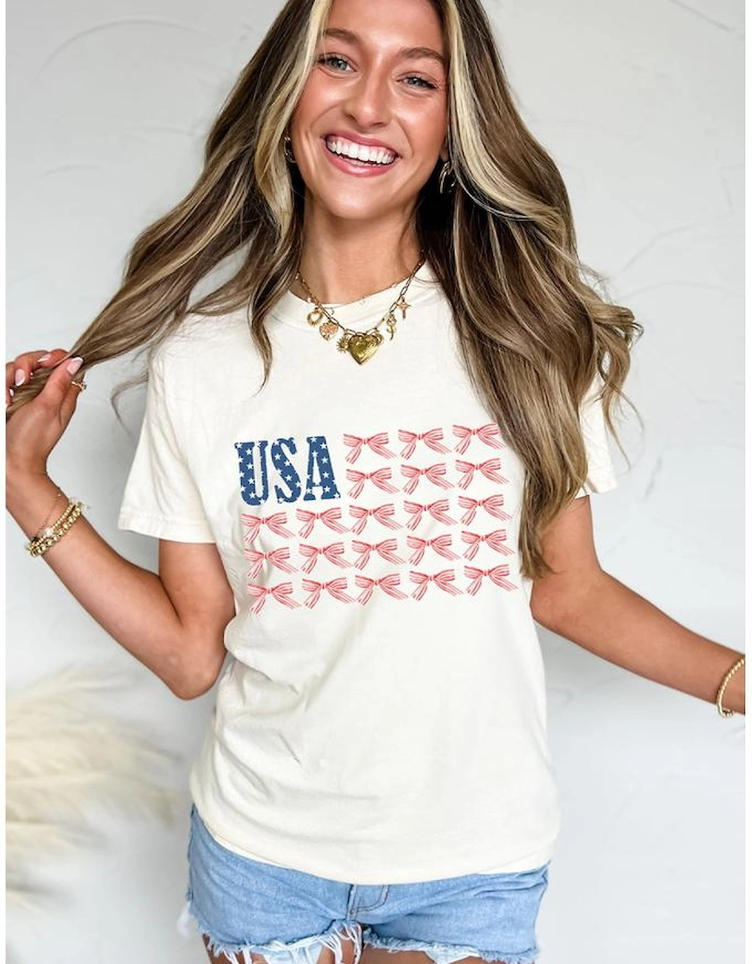 White USA Flag Bow Knot Print Round Neck T Shirt, 8 of 7