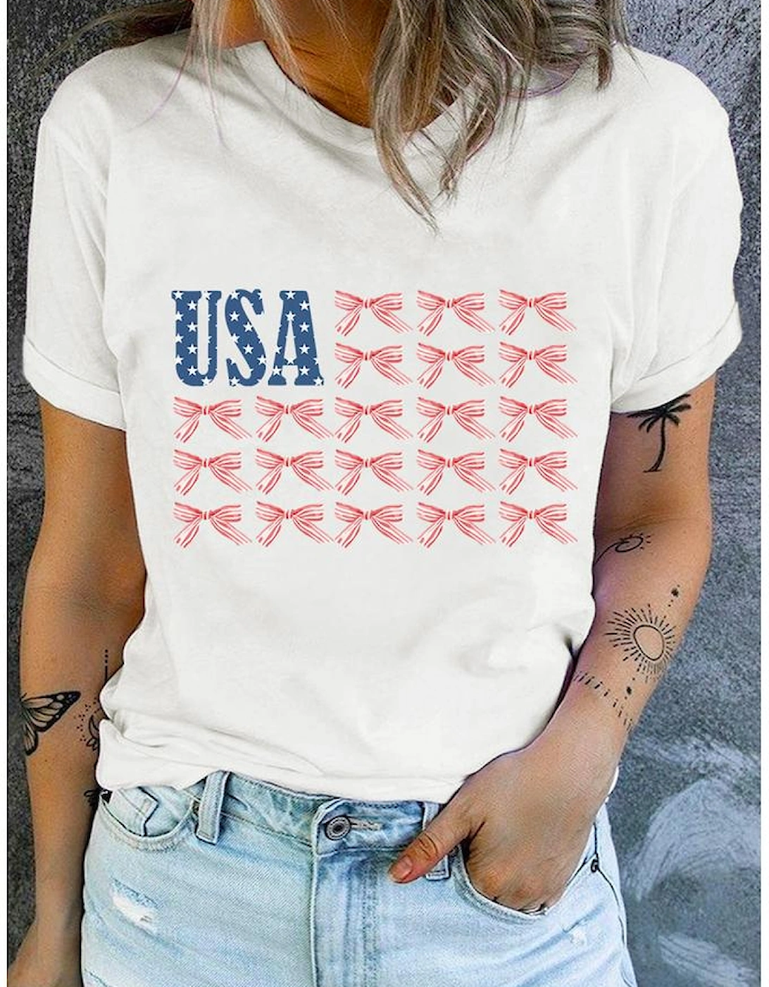 White USA Flag Bow Knot Print Round Neck T Shirt