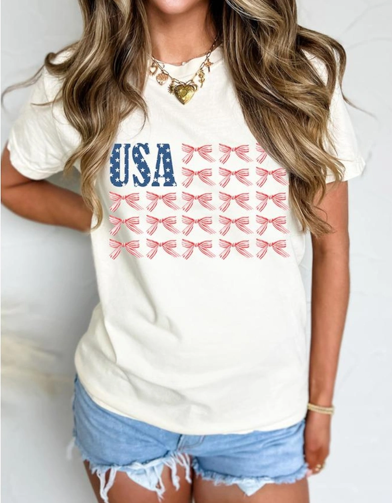 White USA Flag Bow Knot Print Round Neck T Shirt