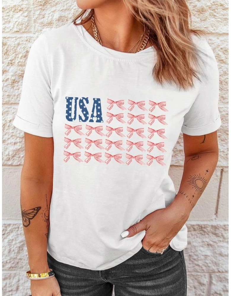 White USA Flag Bow Knot Print Round Neck T Shirt