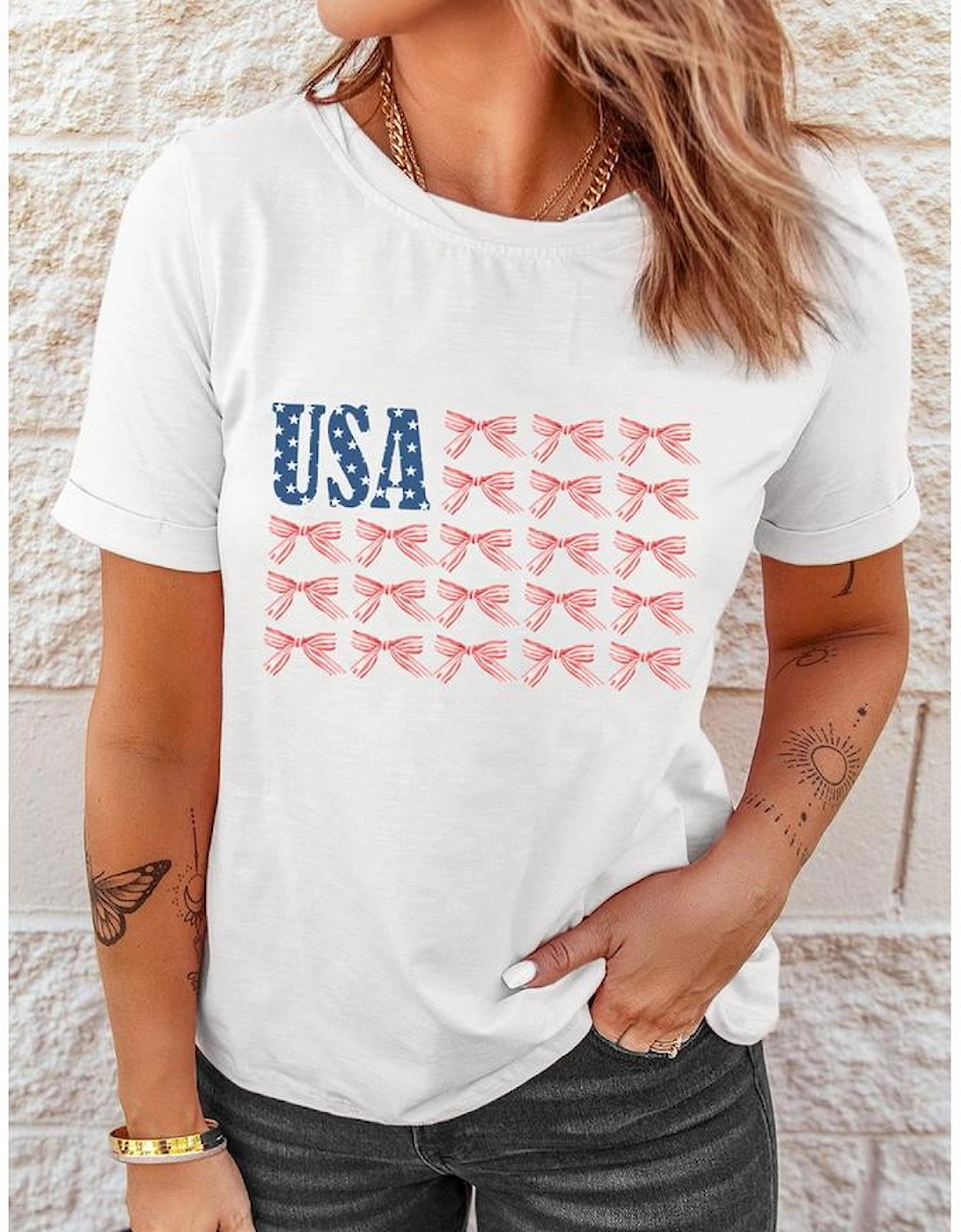 White USA Flag Bow Knot Print Round Neck T Shirt