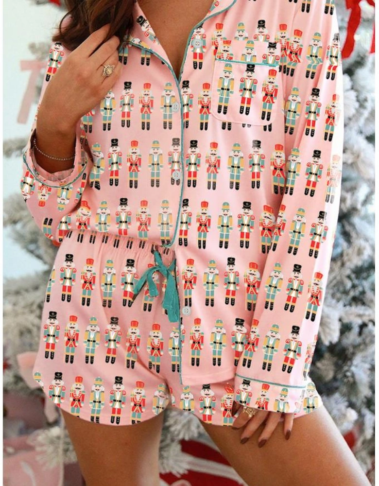 Pink Nutcracker March Long Sleeve Button Up 2pcs Pajama Short Set