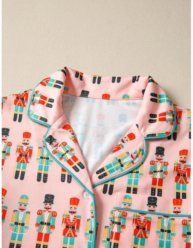 Pink Nutcracker March Long Sleeve Button Up 2pcs Pajama Short Set