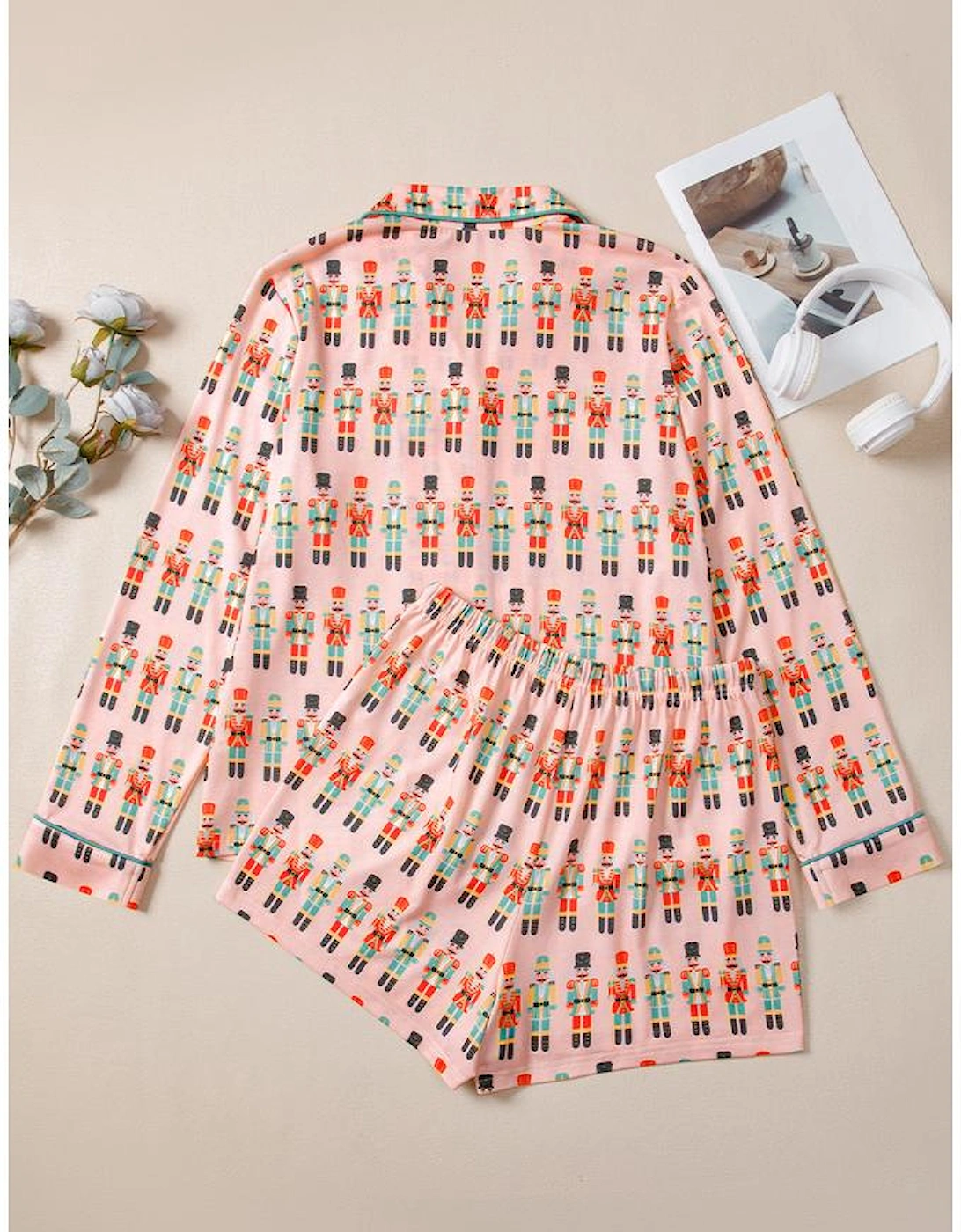 Pink Nutcracker March Long Sleeve Button Up 2pcs Pajama Short Set