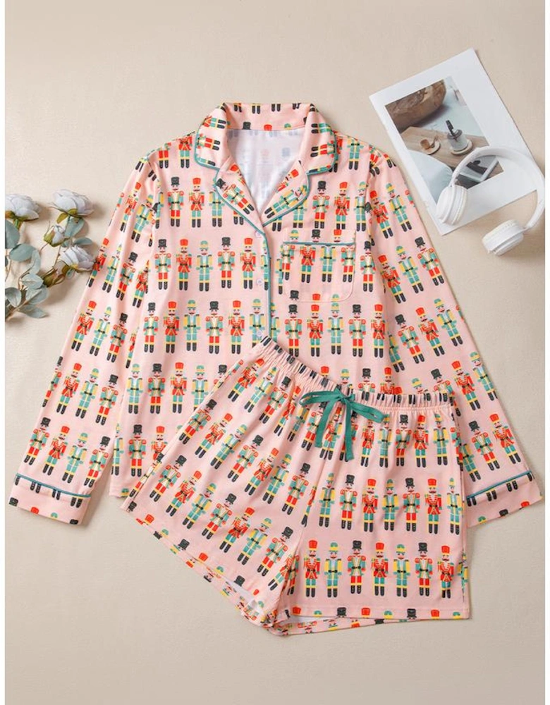 Pink Nutcracker March Long Sleeve Button Up 2pcs Pajama Short Set