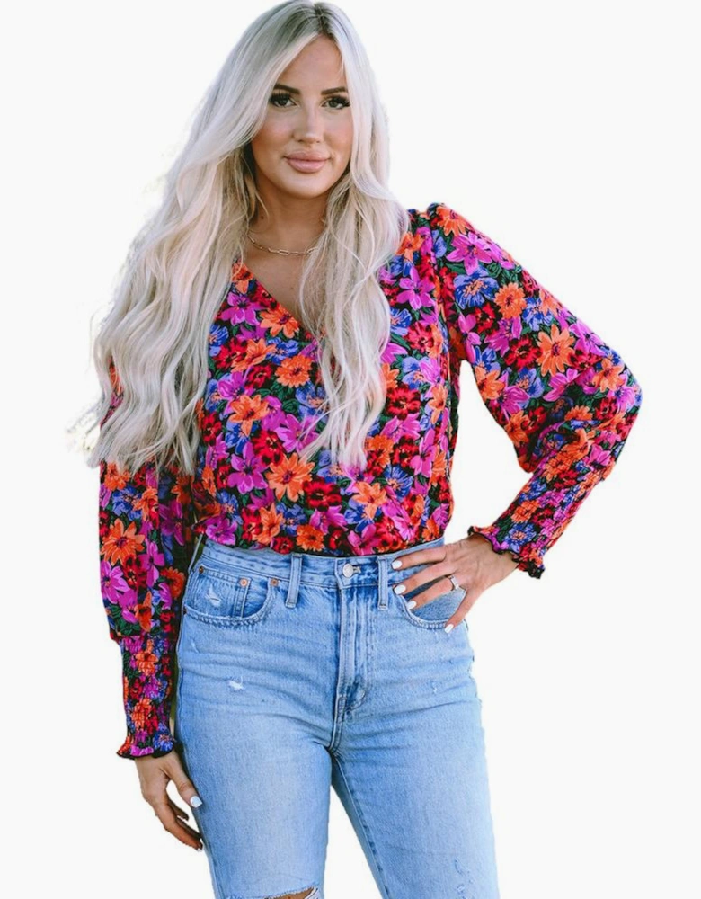 Floral Print Wrap V Neck Long Sleeve Bodysuit