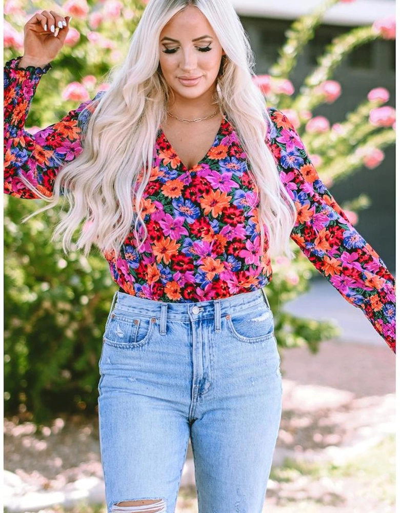 Floral Print Wrap V Neck Long Sleeve Bodysuit