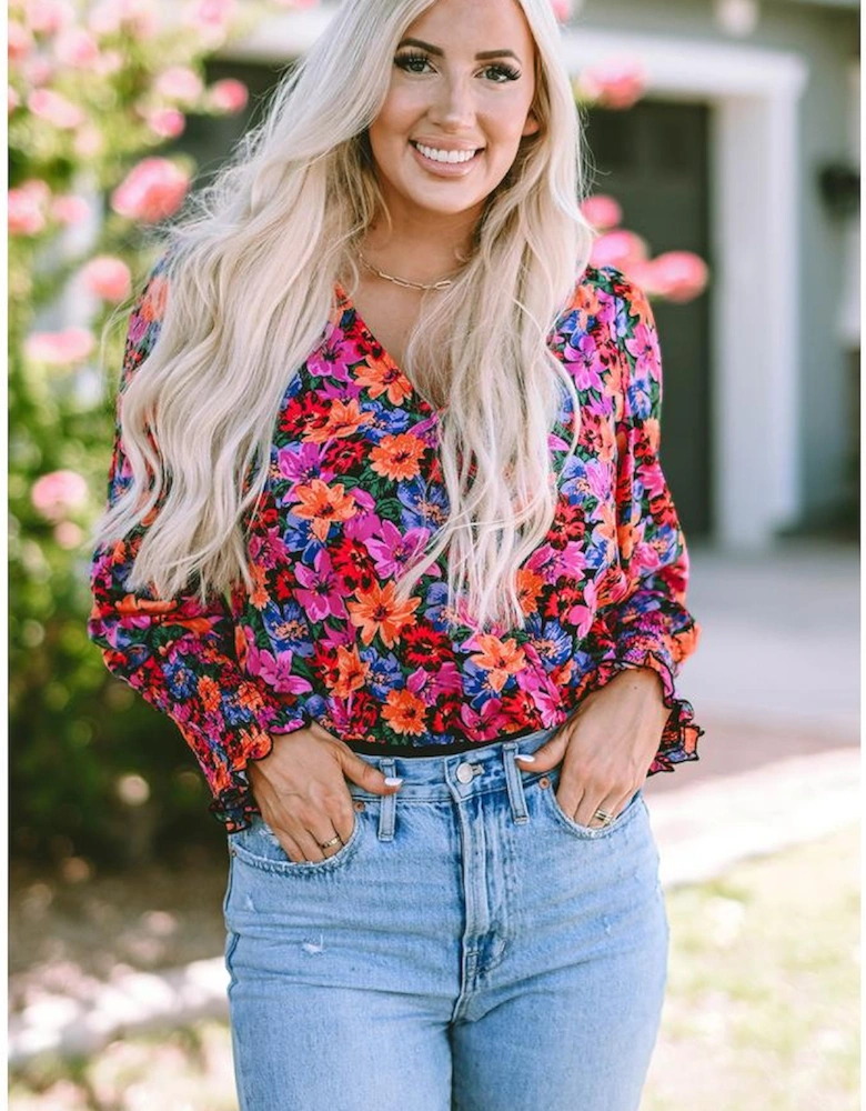 Floral Print Wrap V Neck Long Sleeve Bodysuit