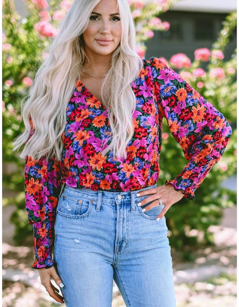 Floral Print Wrap V Neck Long Sleeve Bodysuit