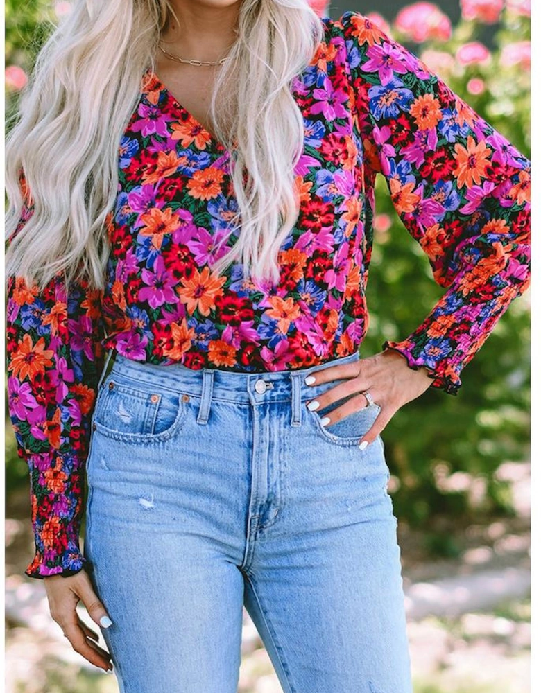 Floral Print Wrap V Neck Long Sleeve Bodysuit
