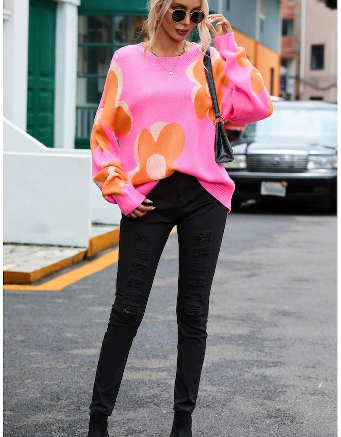 Flower Pattern Slouchy Sweater
