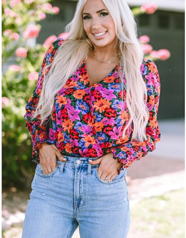 Floral Print Wrap V Neck Long Sleeve Bodysuit