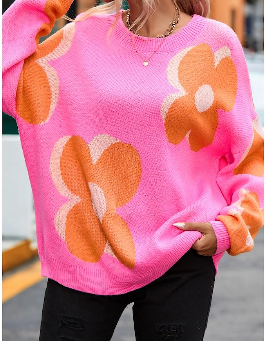 Flower Pattern Slouchy Sweater