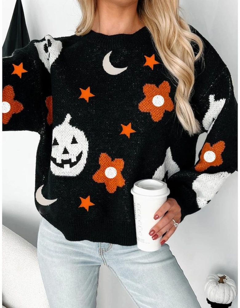 Black Halloween Mythical Night Pattern Drop Shoulder Sweater