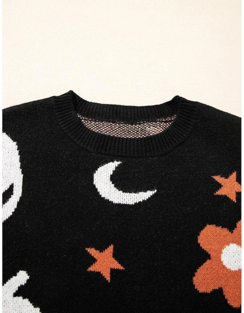 Black Halloween Mythical Night Pattern Drop Shoulder Sweater