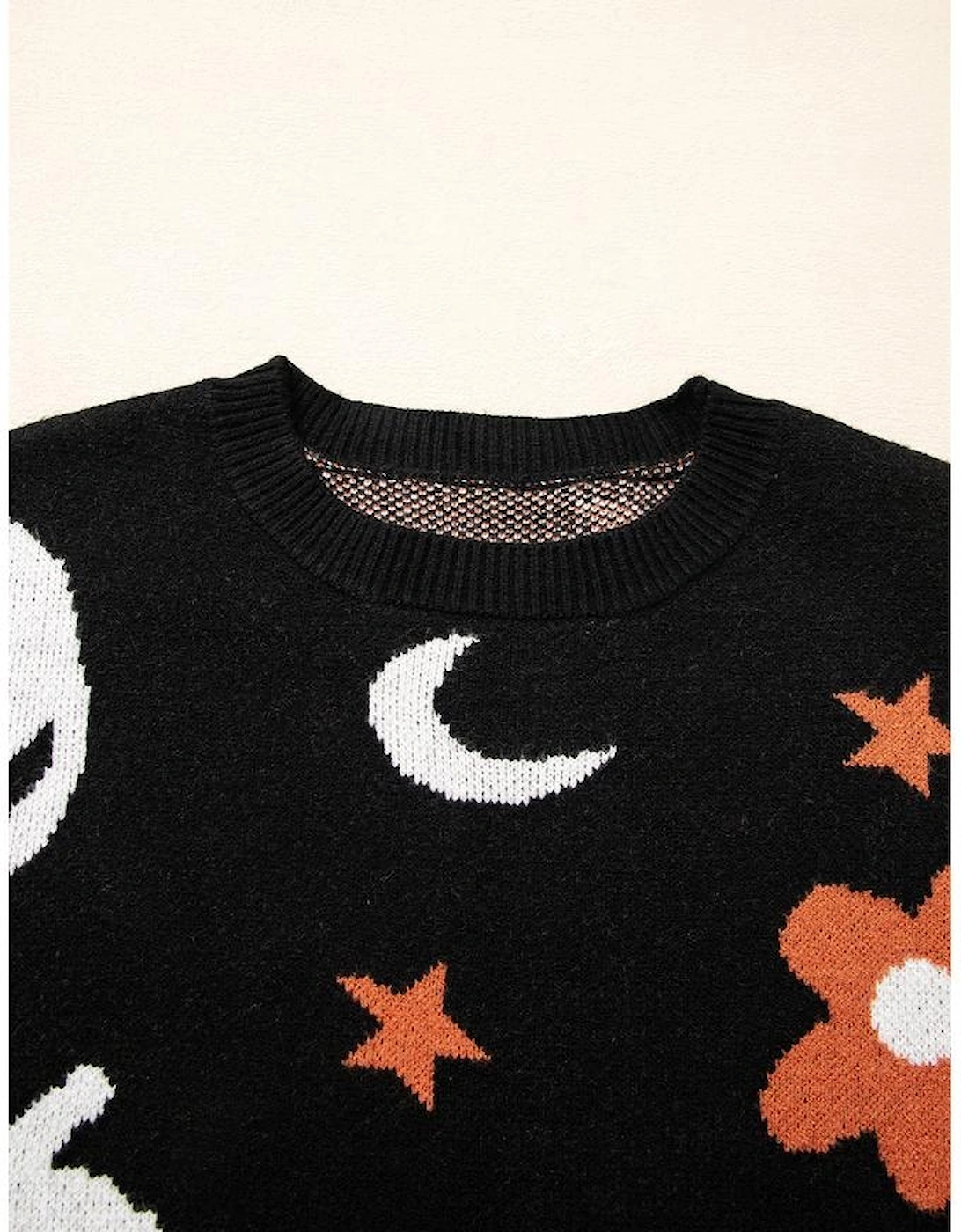 Black Halloween Mythical Night Pattern Drop Shoulder Sweater