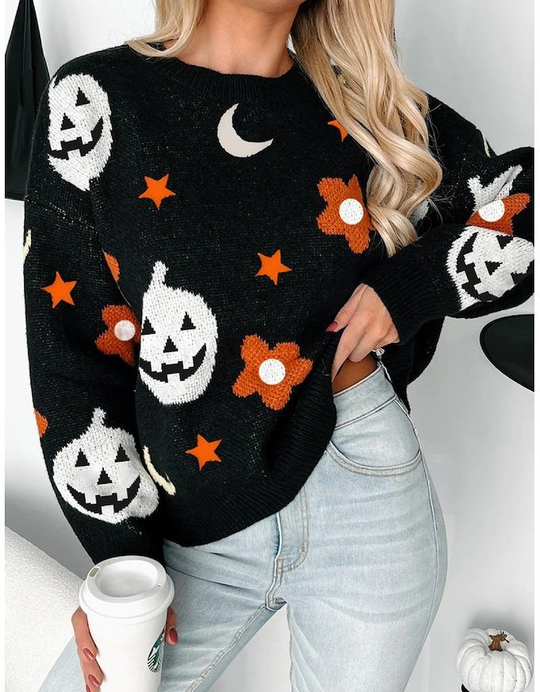 Black Halloween Mythical Night Pattern Drop Shoulder Sweater
