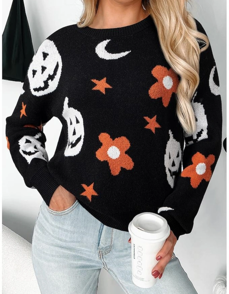 Black Halloween Mythical Night Pattern Drop Shoulder Sweater
