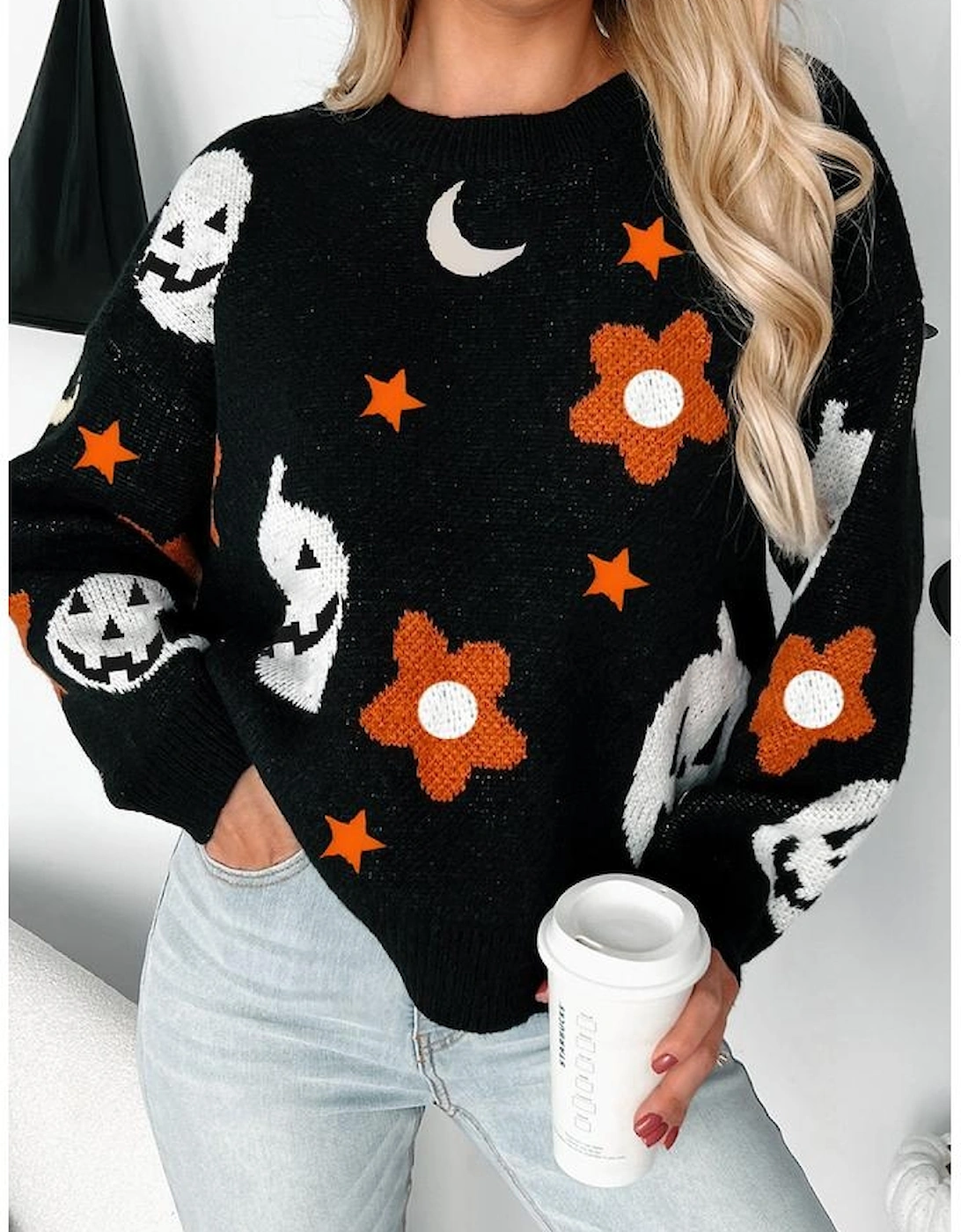 Black Halloween Mythical Night Pattern Drop Shoulder Sweater