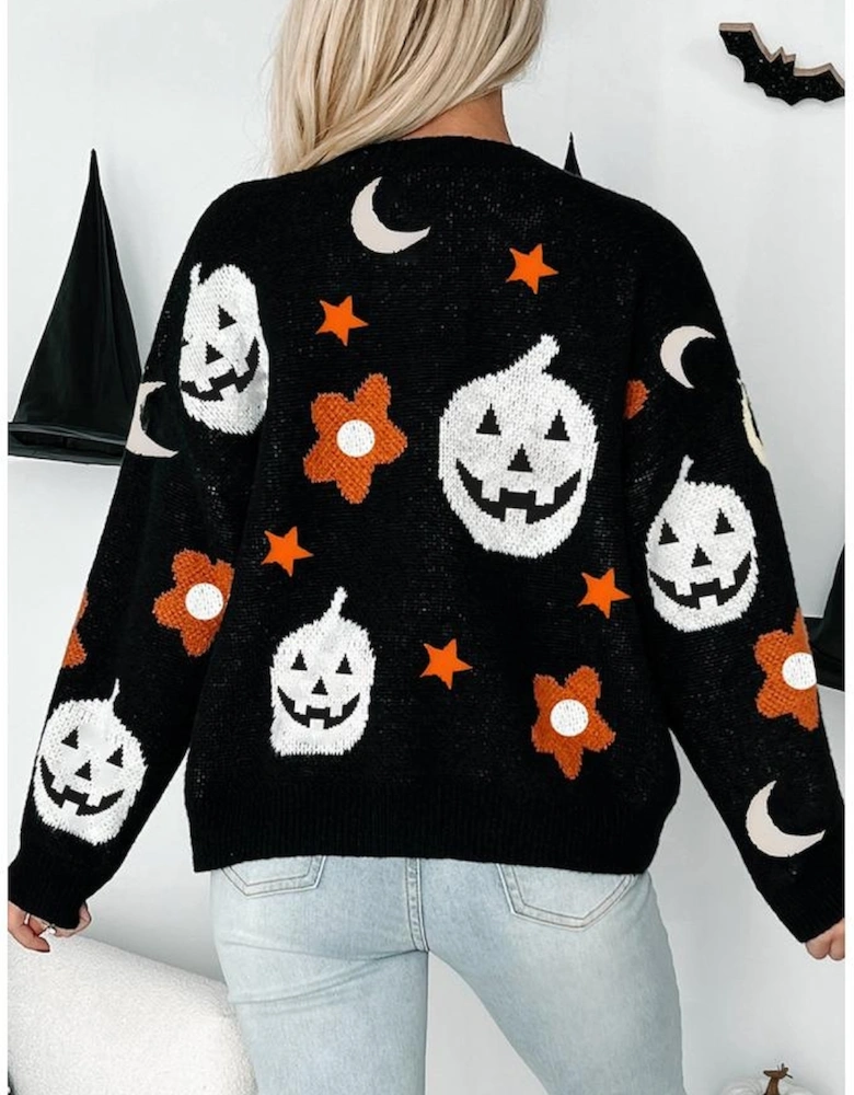 Black Halloween Mythical Night Pattern Drop Shoulder Sweater