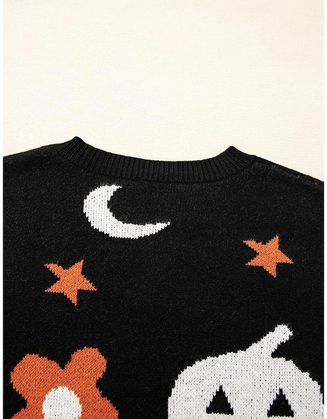 Black Halloween Mythical Night Pattern Drop Shoulder Sweater