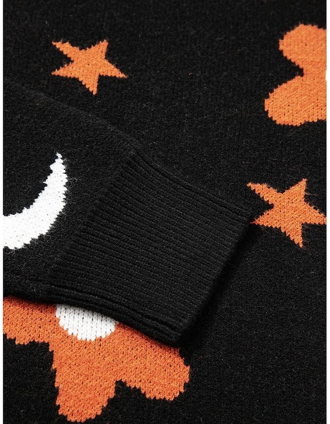 Black Halloween Mythical Night Pattern Drop Shoulder Sweater