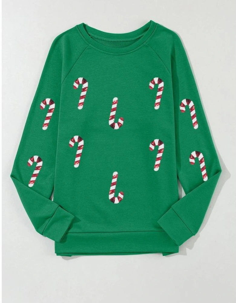 Green Sequin Christmas Candy Cane Graphic Crewneck Pullover Sweatshirt