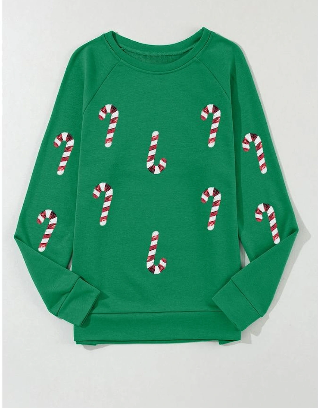 Green Sequin Christmas Candy Cane Graphic Crewneck Pullover Sweatshirt