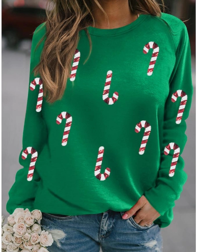 Green Sequin Christmas Candy Cane Graphic Crewneck Pullover Sweatshirt