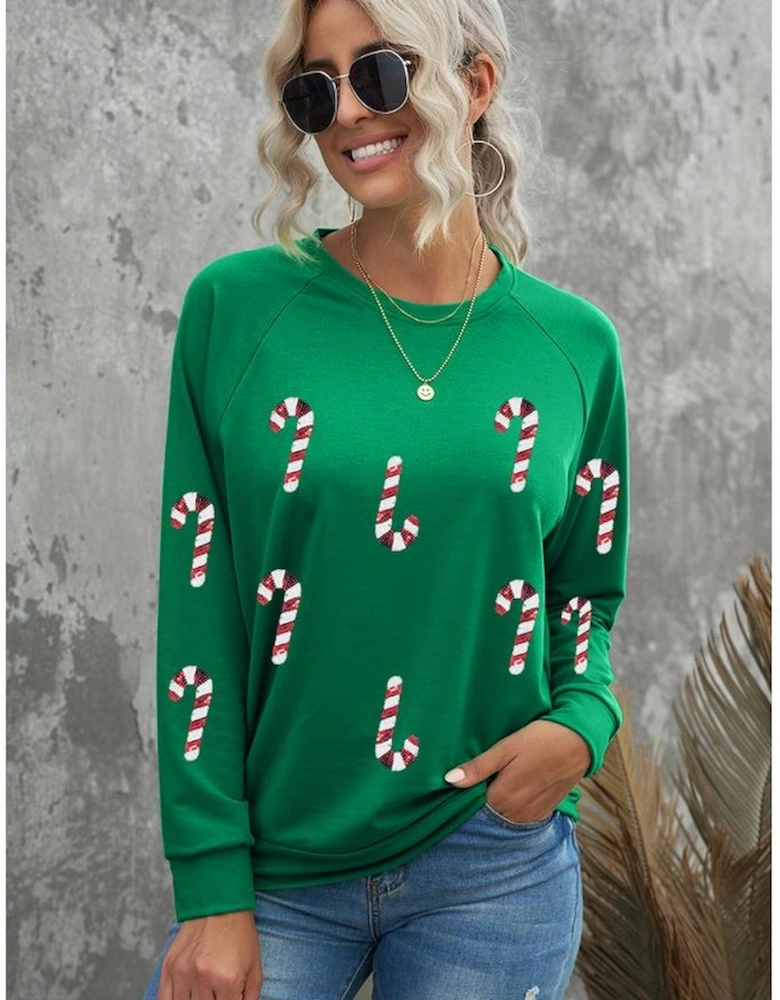 Green Sequin Christmas Candy Cane Graphic Crewneck Pullover Sweatshirt