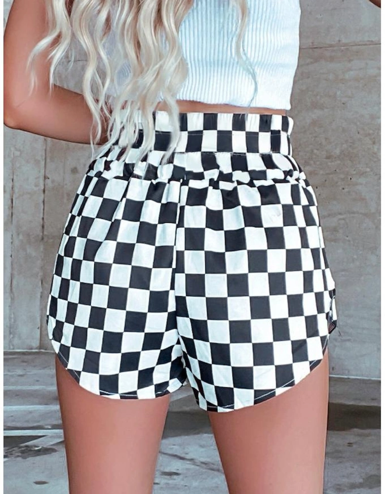 Black Checkered Print High Waist Casual Shorts