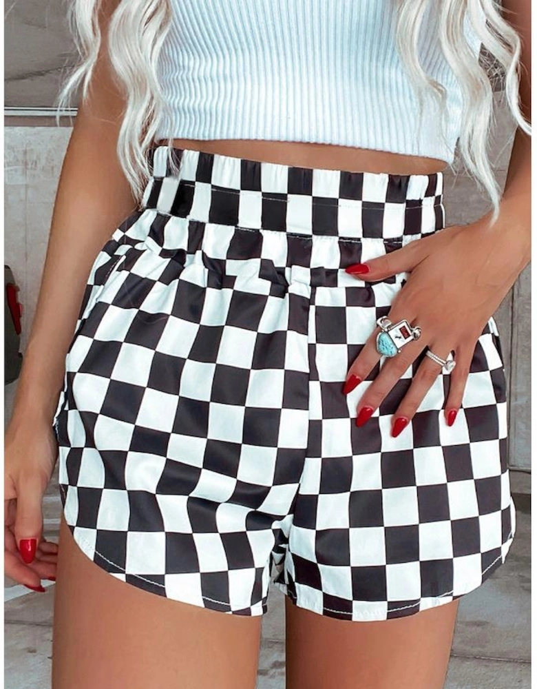 Black Checkered Print High Waist Casual Shorts