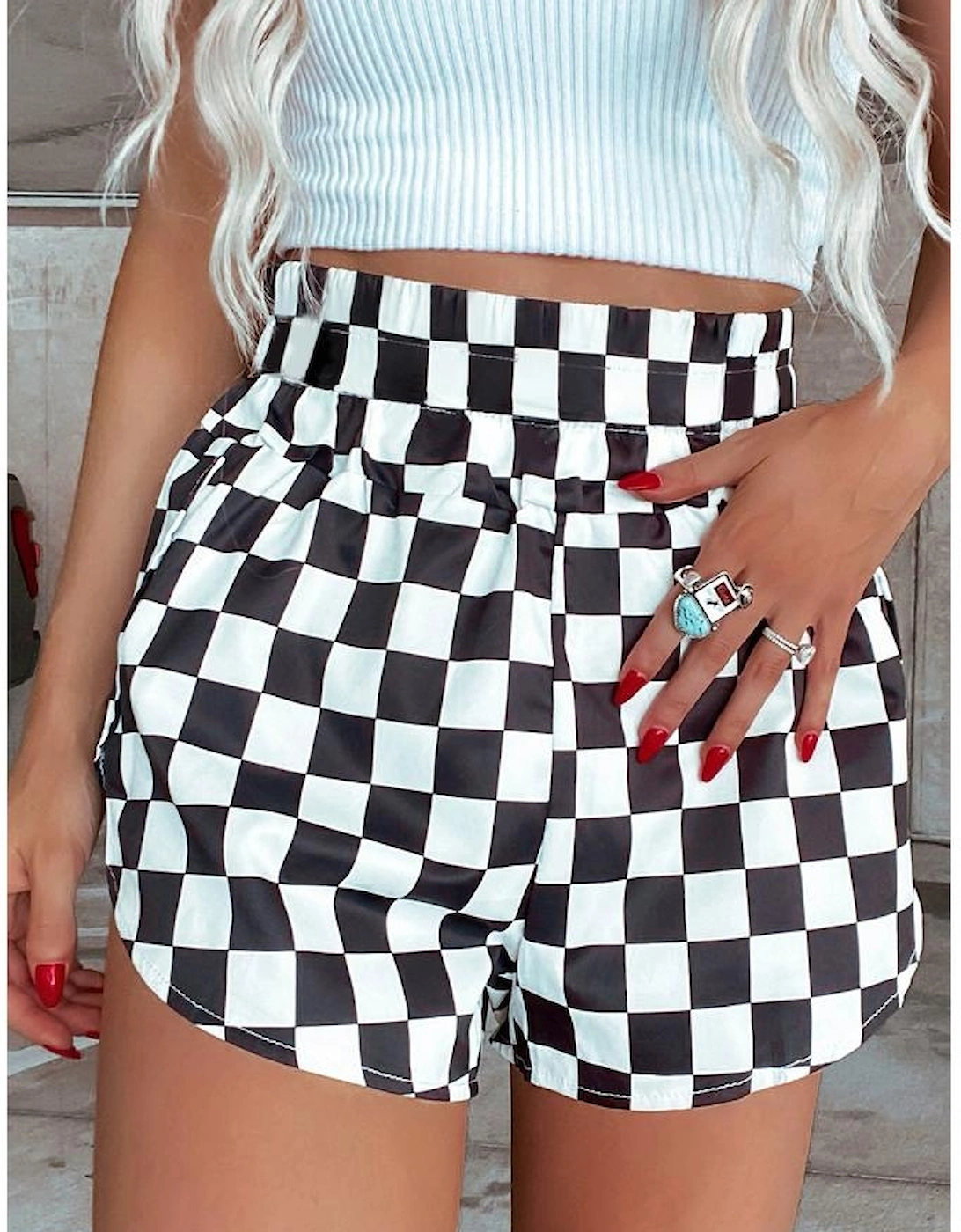 Black Checkered Print High Waist Casual Shorts