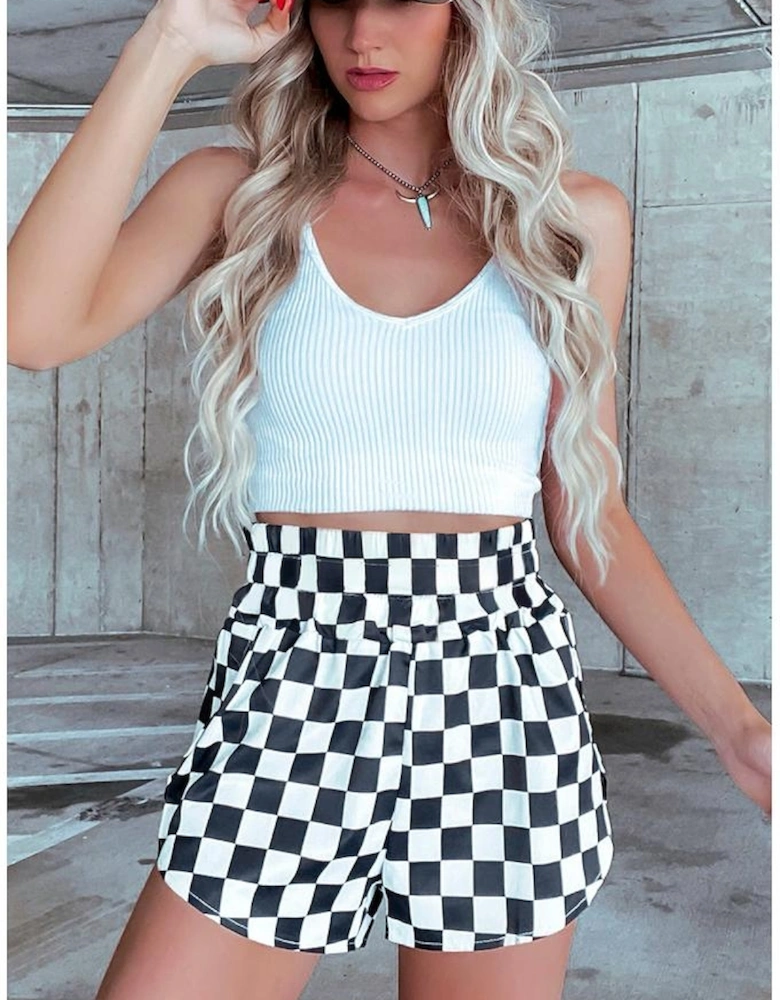 Black Checkered Print High Waist Casual Shorts