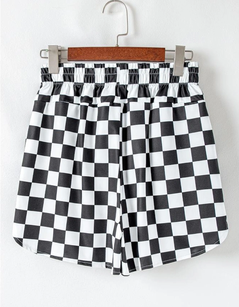 Black Checkered Print High Waist Casual Shorts