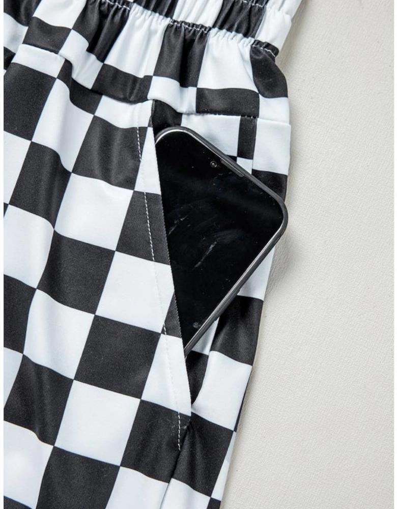 Black Checkered Print High Waist Casual Shorts