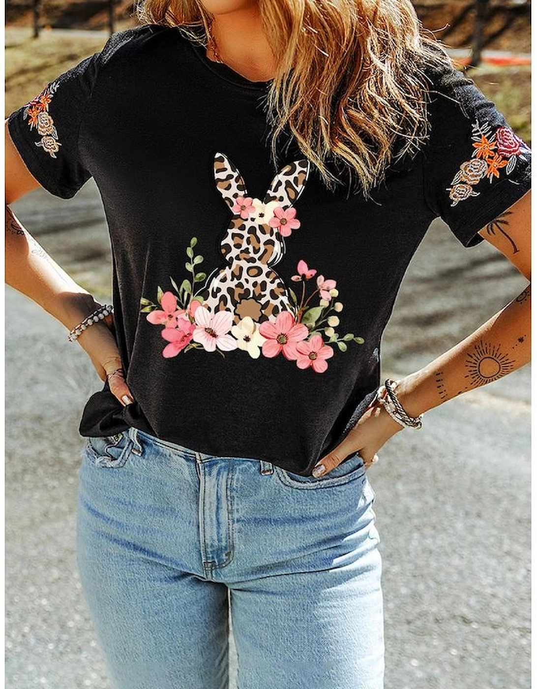 Black Easter Bunny Flower Embroidered Crew Neck T Shirt, 4 of 3