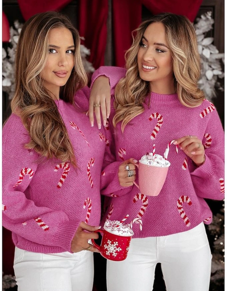 Sachet Pink Christmas Candy Cane Holiday Drop Shoulder Sweater