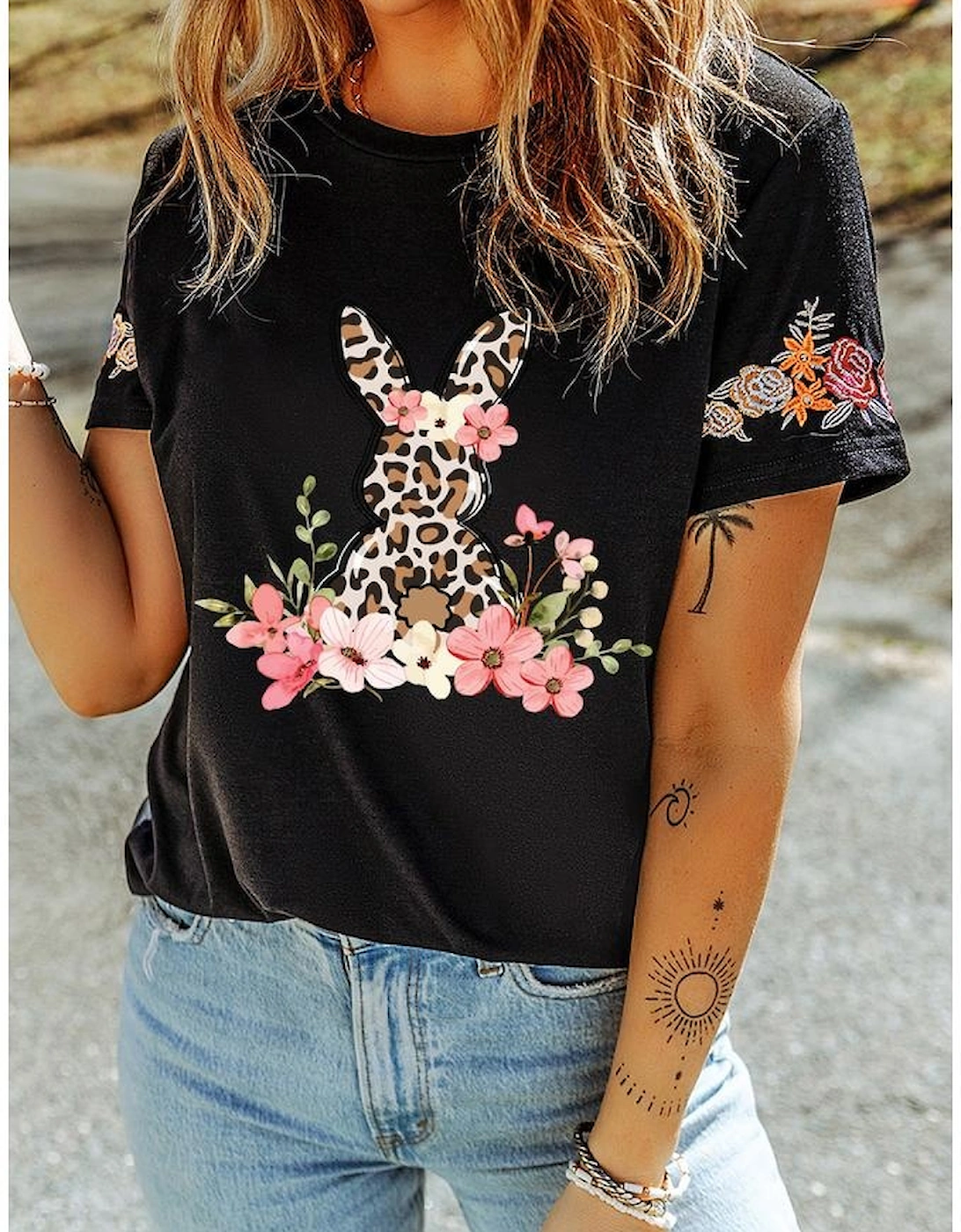 Black Easter Bunny Flower Embroidered Crew Neck T Shirt