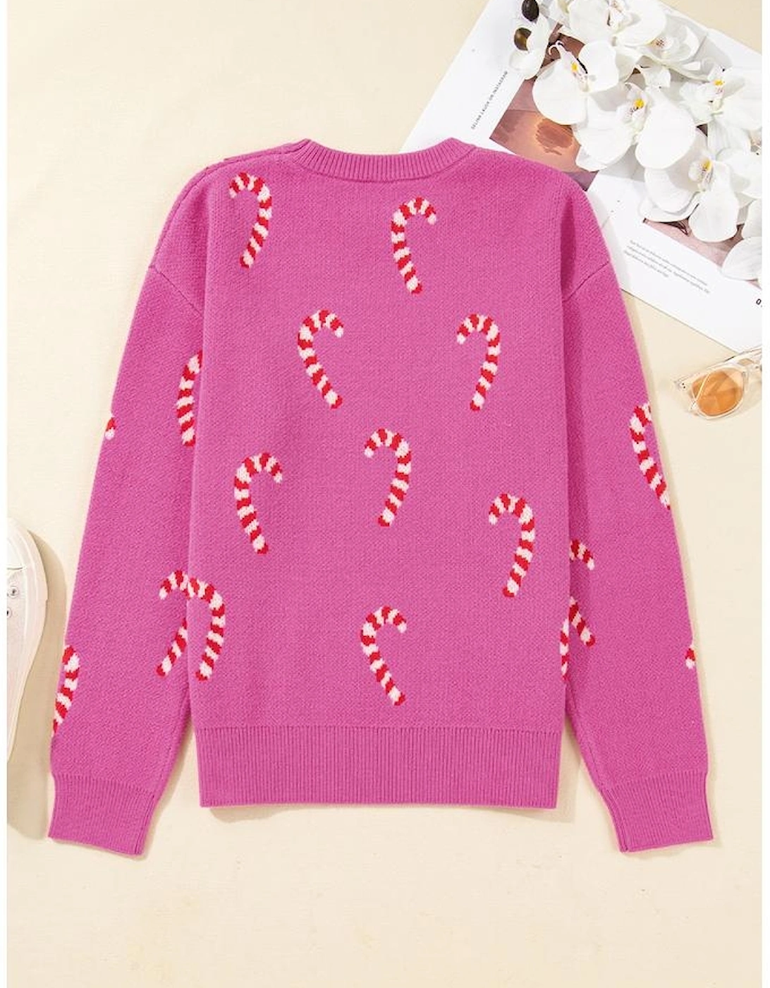 Sachet Pink Christmas Candy Cane Holiday Drop Shoulder Sweater