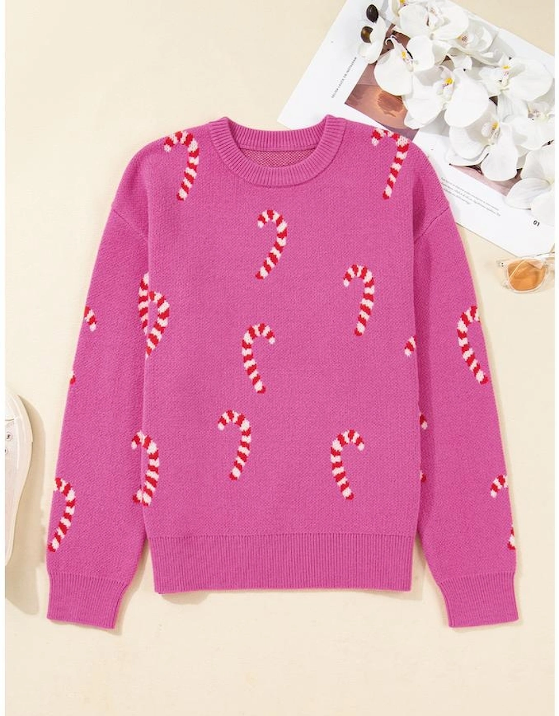 Sachet Pink Christmas Candy Cane Holiday Drop Shoulder Sweater