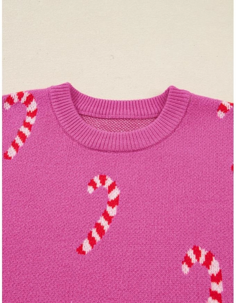 Sachet Pink Christmas Candy Cane Holiday Drop Shoulder Sweater