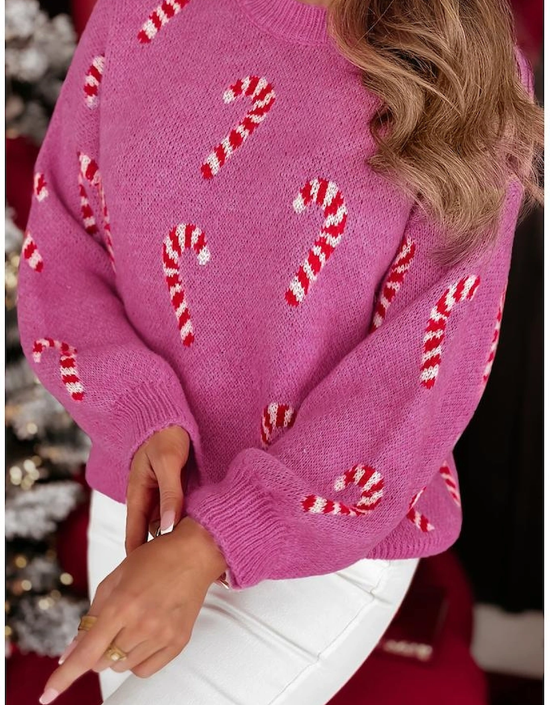 Sachet Pink Christmas Candy Cane Holiday Drop Shoulder Sweater